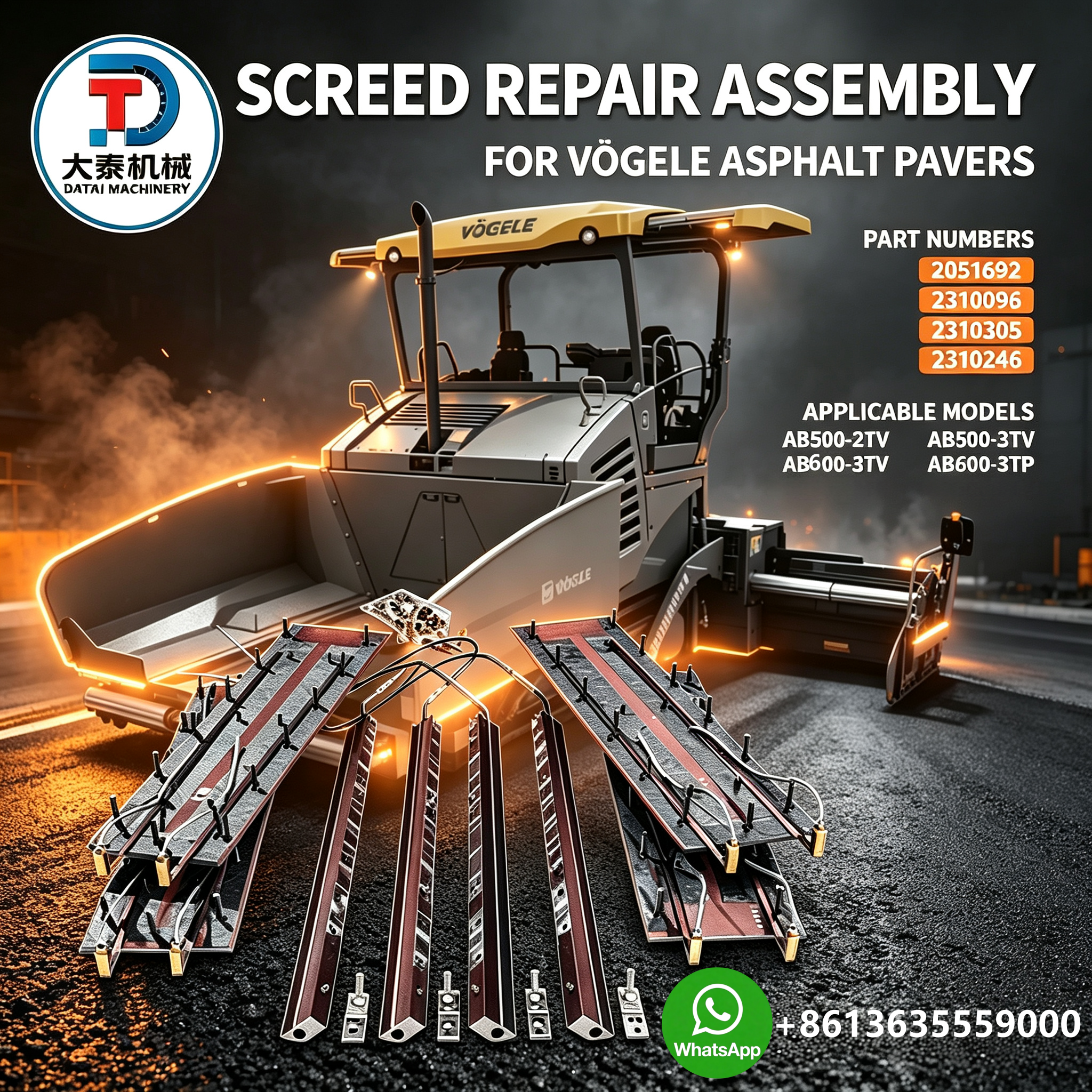 Asphalt Paver Screed Repair Components | Replacement Kits for AB500-2TV, AB500-3TV, AB600-2TV, AB600-3TV & Other Screed Models